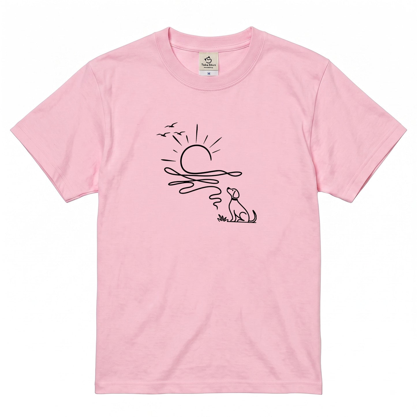 朝日と犬の線画 犬Tシャツ | アウトドア・犬好きに人気
