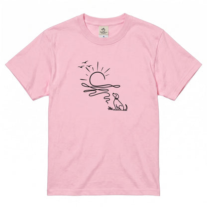 朝日と犬の線画 犬Tシャツ | アウトドア・犬好きに人気