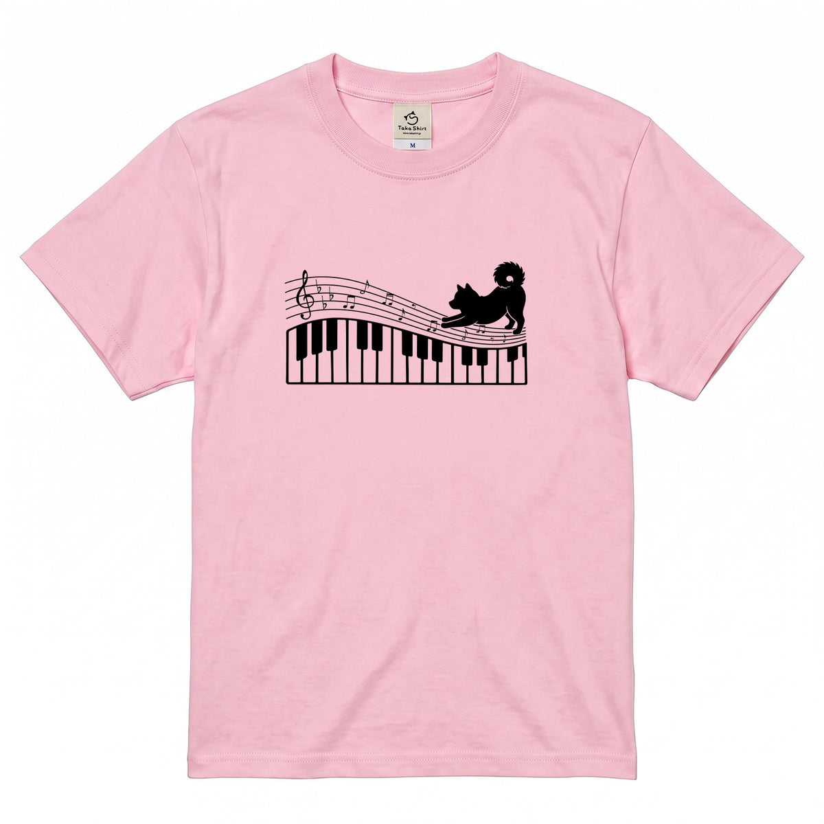 ピアノ鍵盤と音符犬 犬Tシャツ | ピアノ好き・音楽好きに人気
