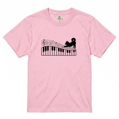 ピアノ鍵盤と音符犬 犬Tシャツ | ピアノ好き・音楽好きに人気