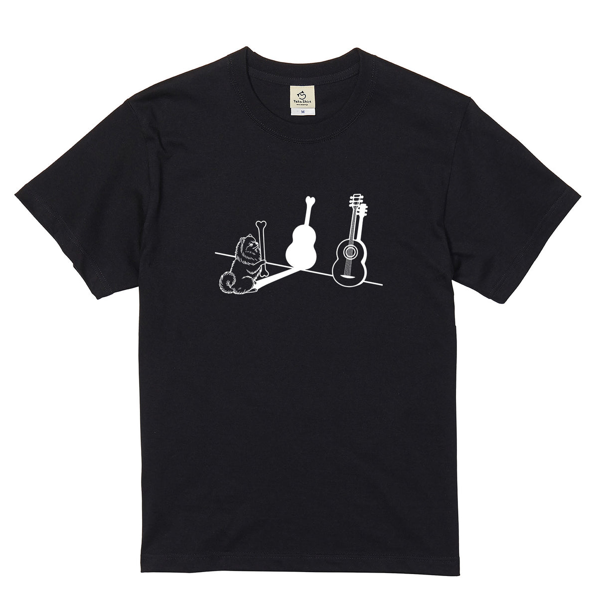 ポメラニアンとギター影アート 白Tシャツ ｜音楽好きに人気｜InuJoy