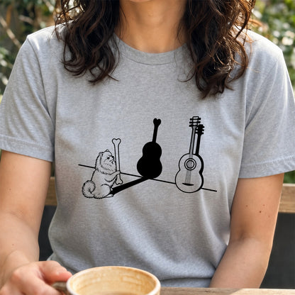 ポメラニアンとギター影アート 白Tシャツ ｜音楽好きに人気｜InuJoy