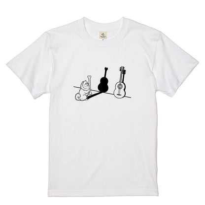 ポメラニアンとギター影アート 白Tシャツ ｜音楽好きに人気｜InuJoy