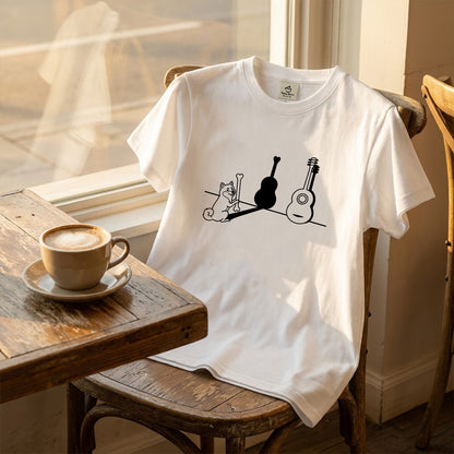 柴犬とギター影アート 白Tシャツ ｜音楽好きに人気｜InuJoy