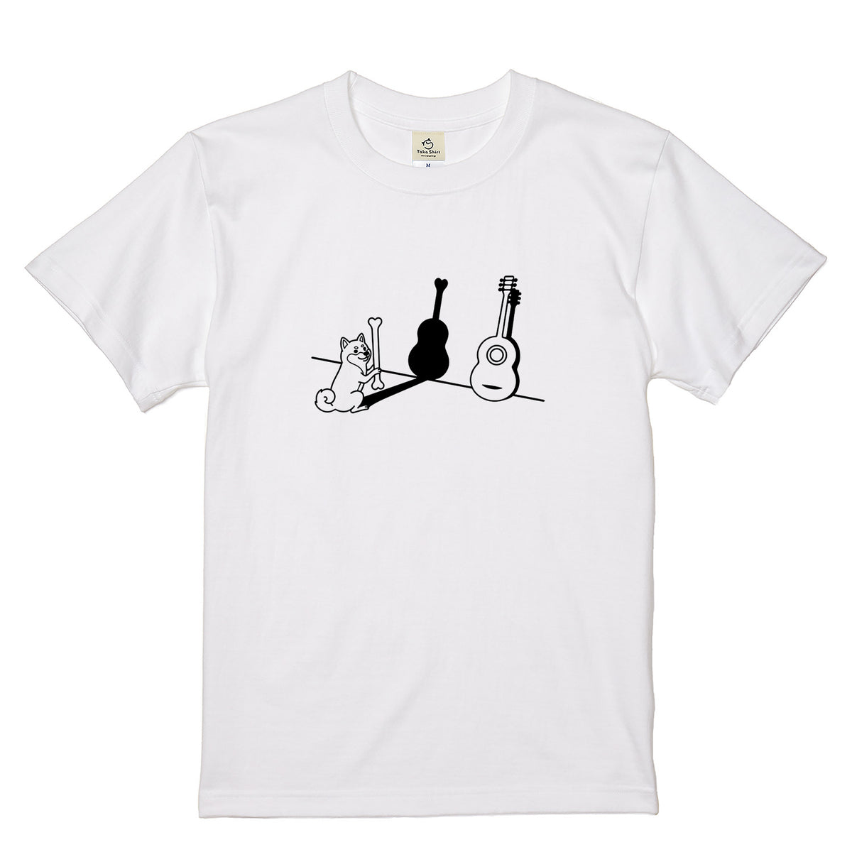 柴犬とギター影アート 白Tシャツ ｜音楽好きに人気｜InuJoy