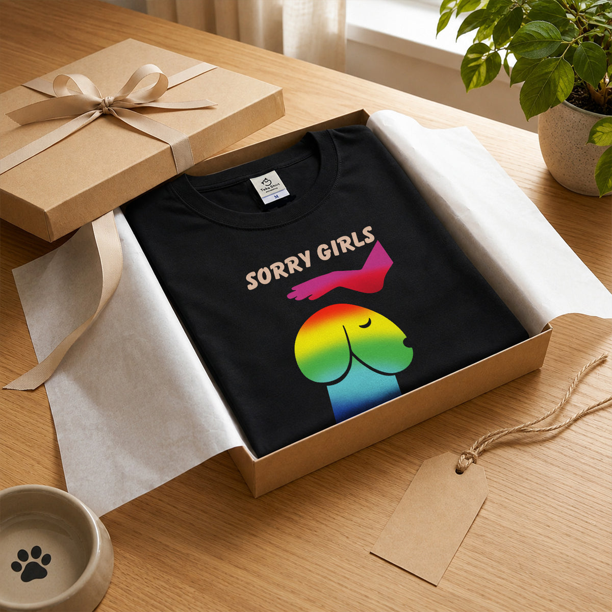 SORRY GIRLS | 虹色 レインボー 犬 イラスト 英語メッセージ Tシャツ【犬好き・愛犬家・ユニーク・プレゼントに最適】