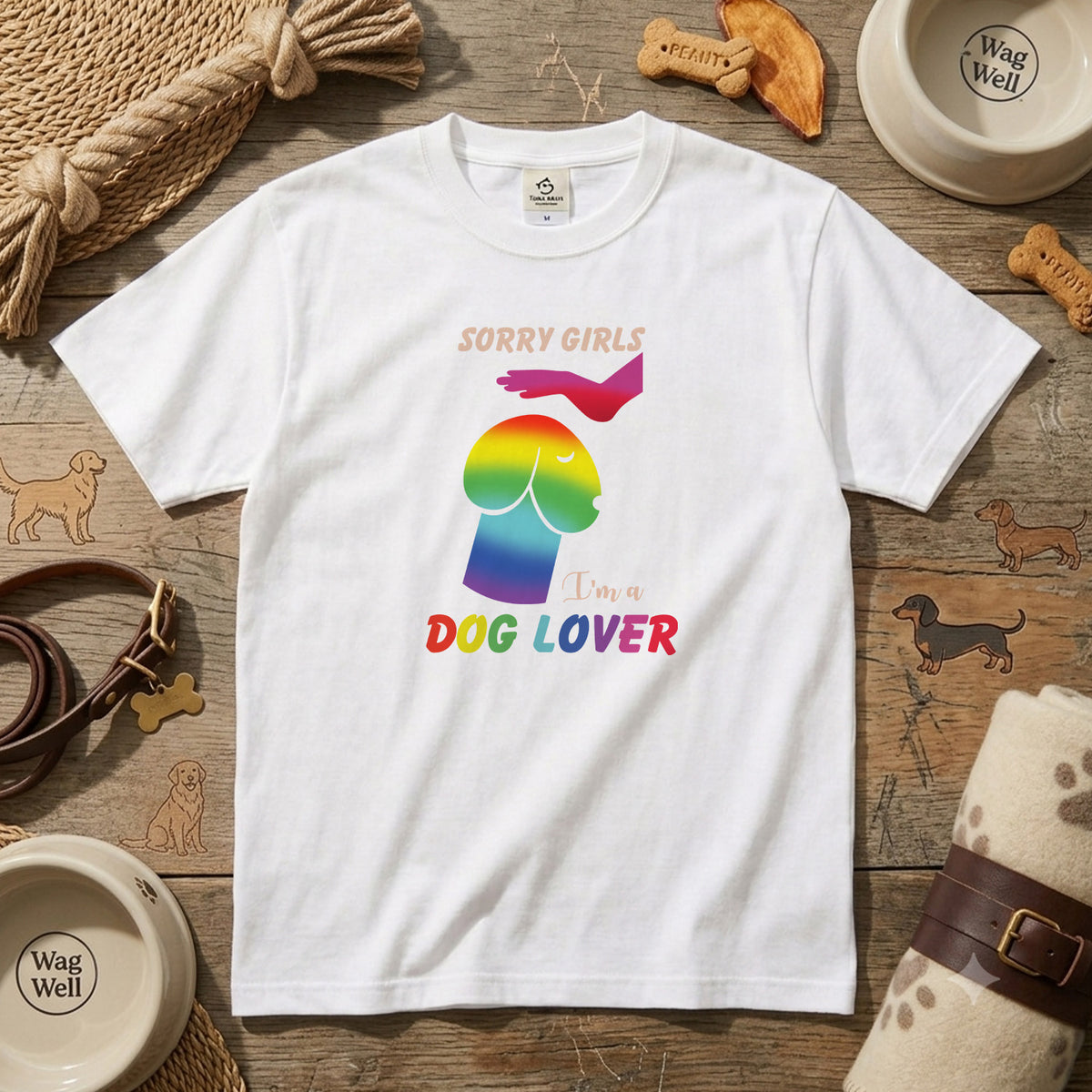 SORRY GIRLS | 虹色 レインボー 犬 イラスト 英語メッセージ Tシャツ【犬好き・愛犬家・ユニーク・プレゼントに最適】