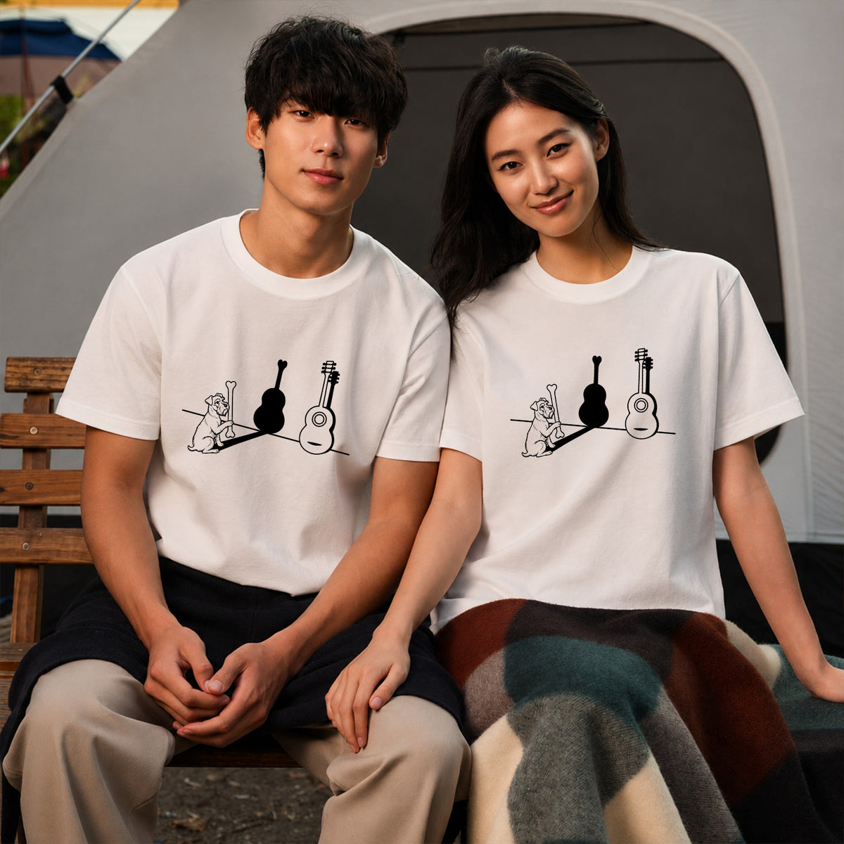 テリアとギター影アート 白Tシャツ ｜音楽好きに人気｜InuJoy