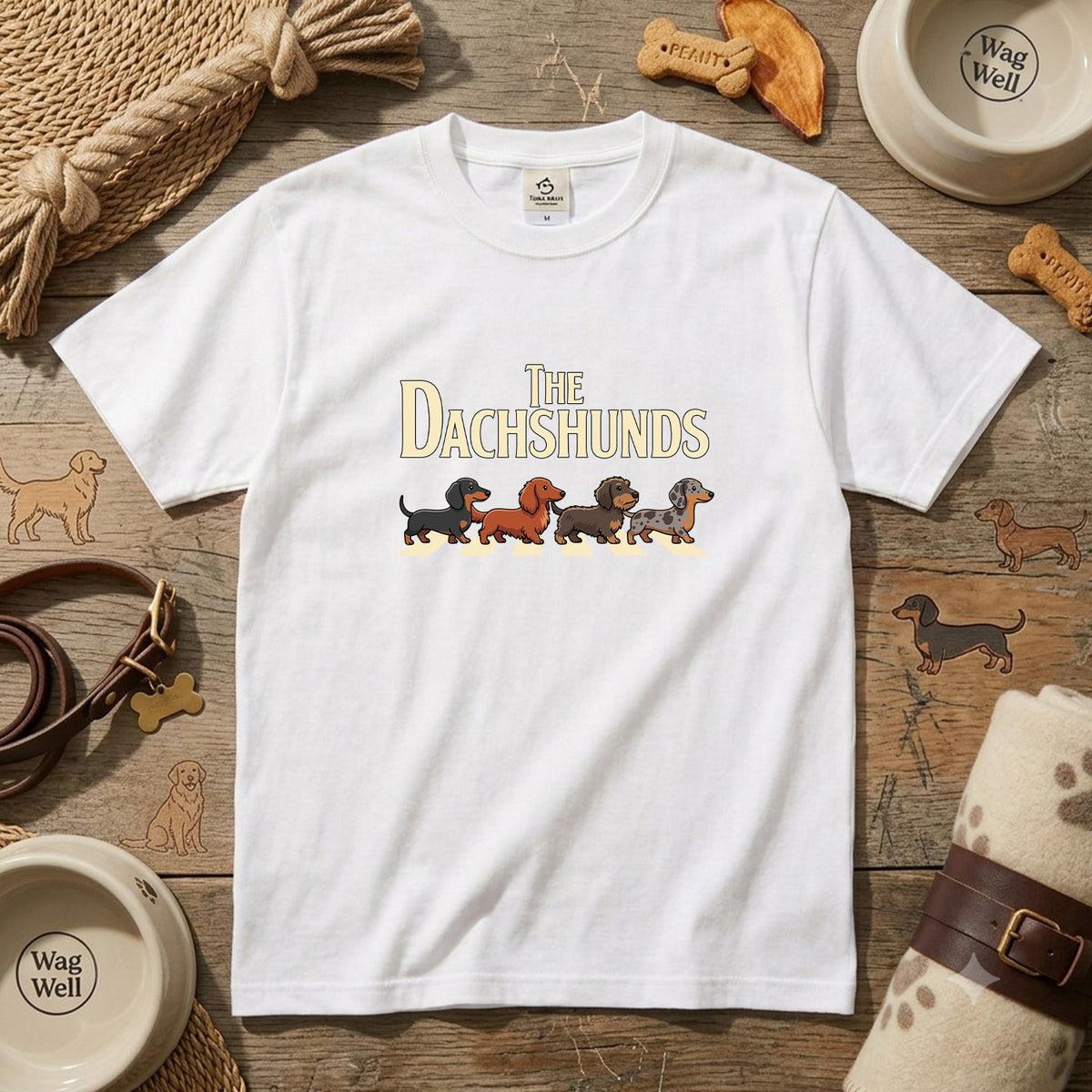 THE DACHSHUNDS | ミニチュアダックス 横断歩道 ゆるかわパロディTシャツ【犬好き・愛犬家・ギフトに最適】