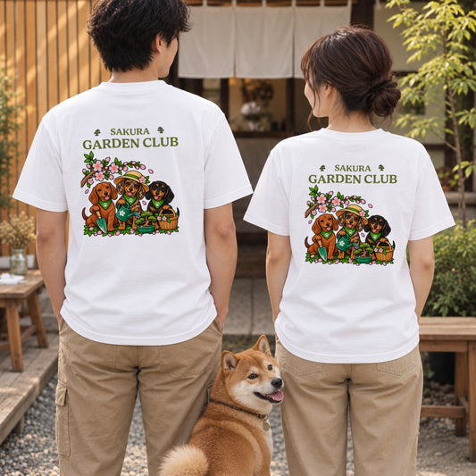 Sakura Garden Club Dachshund ダックスフンド 桜 盆栽 春ガーデニング Tシャツ｜バックプリント
