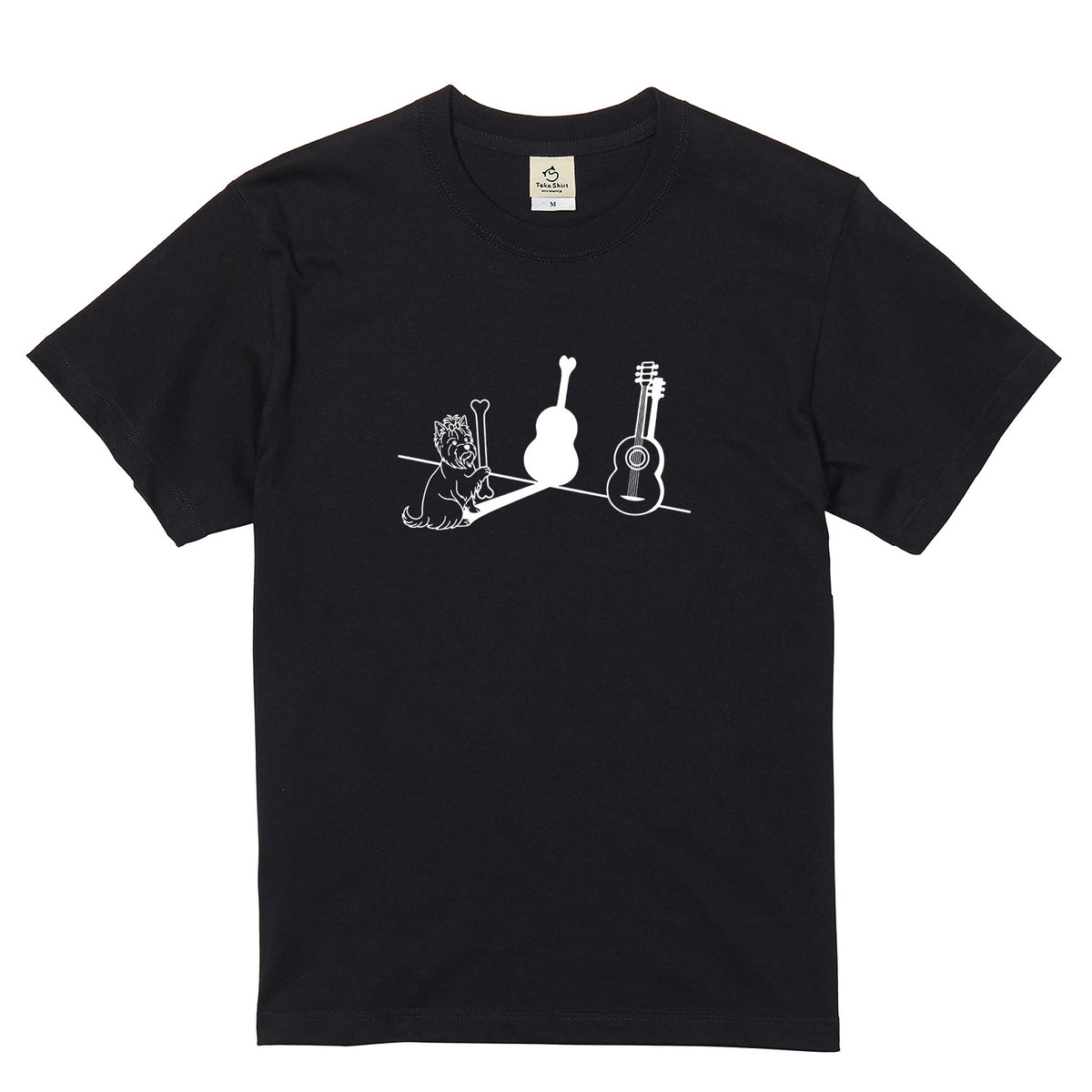 ヨークシャーテリアとギター影アート 白Tシャツ｜音楽好きに人気｜InuJoy