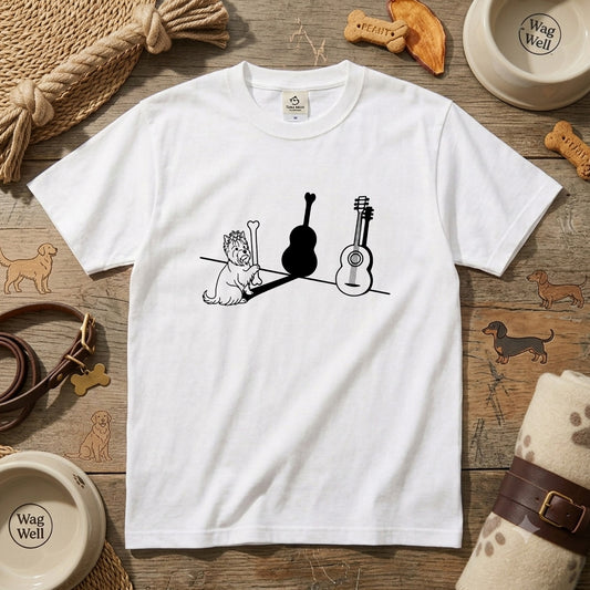 ヨークシャーテリアとギター影アート 白Tシャツ｜音楽好きに人気｜InuJoy