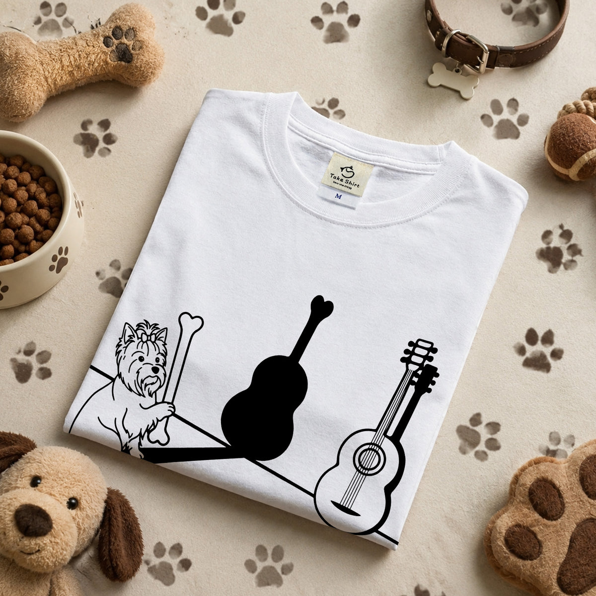 ヨークシャーテリアとギター影アート 白Tシャツ｜音楽好きに人気｜InuJoy