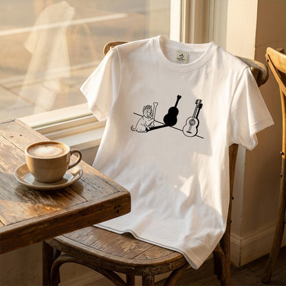 ヨークシャーテリアとギター影アート 白Tシャツ｜音楽好きに人気｜InuJoy