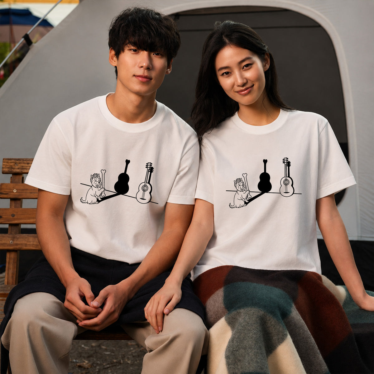 ヨークシャーテリアとギター影アート 白Tシャツ｜音楽好きに人気｜InuJoy
