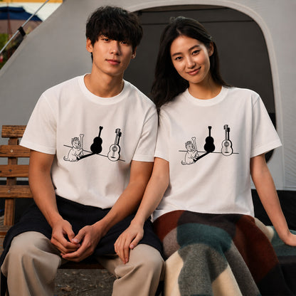 ヨークシャーテリアとギター影アート 白Tシャツ｜音楽好きに人気｜InuJoy